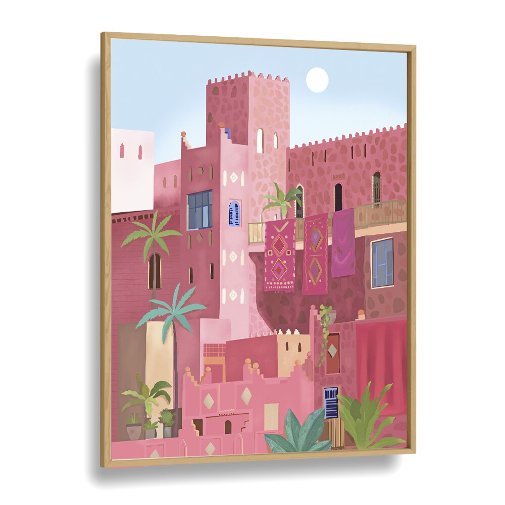 Vibrant KASHBAH, TRAVEL POSTERS artwork by Petra Lidze in an oak frame, perfect for modern decor enthusiasts.