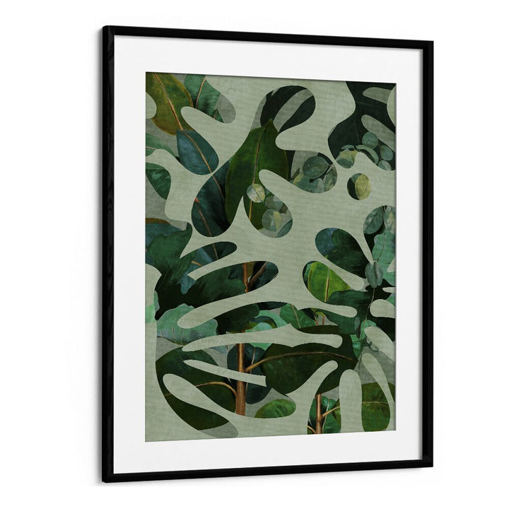 Botanical art print "LEAVES MORE X - KOPIE, FLORAL FLOWER PAINTINGS" by Ana Rut Bre in a sleek black frame.