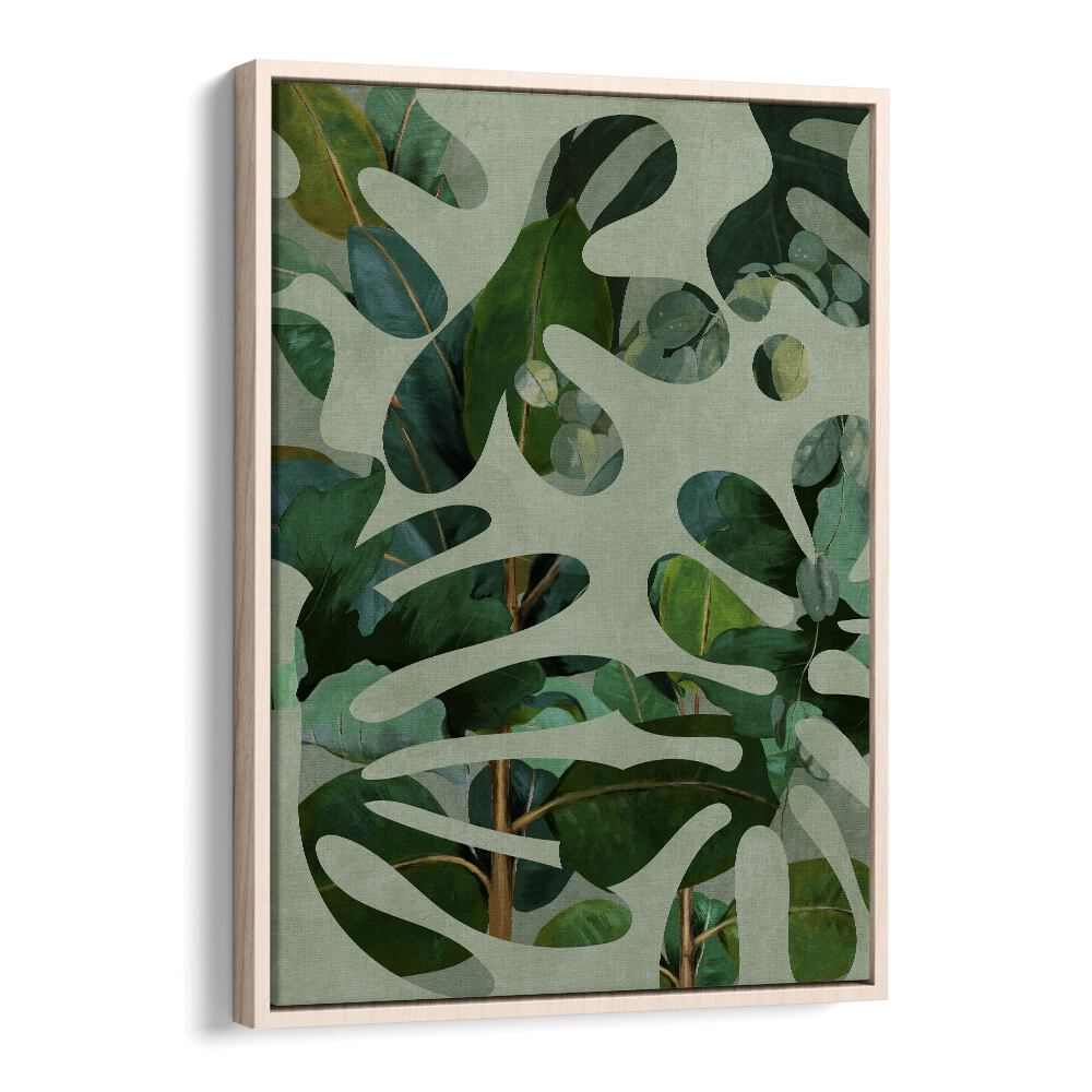 Botanical art print "LEAVES MORE X - KOPIE, FLORAL FLOWER PAINTINGS" by Ana Rut Bre in an elegant oak frame.