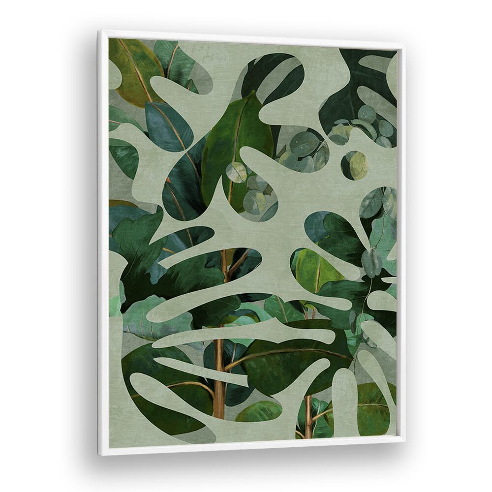 Botanical art print "LEAVES MORE X - KOPIE, FLORAL FLOWER PAINTINGS" by Ana Rut Bre, framed in white for elegance.