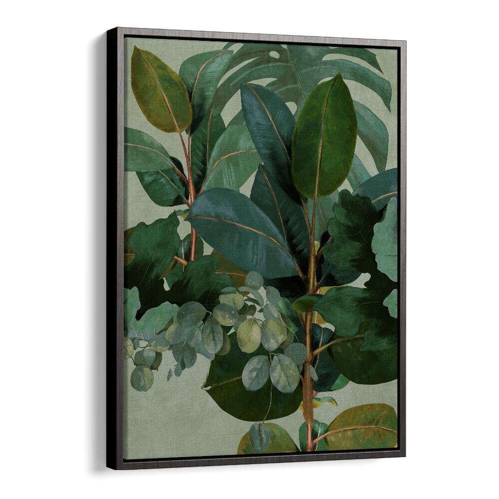 Botanical art print "LEAVES MORE IX - KOPIE, FLORAL FLOWER PAINTINGS" by Ana Rut Bre in a stylish black floater frame.