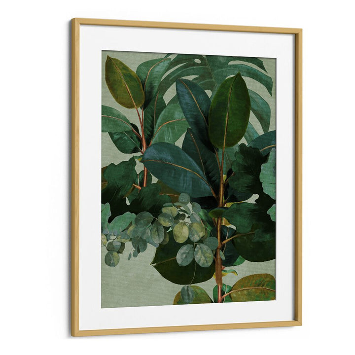Botanical art print "LEAVES MORE IX - KOPIE , FLORAL FLOWER PAINTINGS" framed in oak, highlighting lush green foliage.