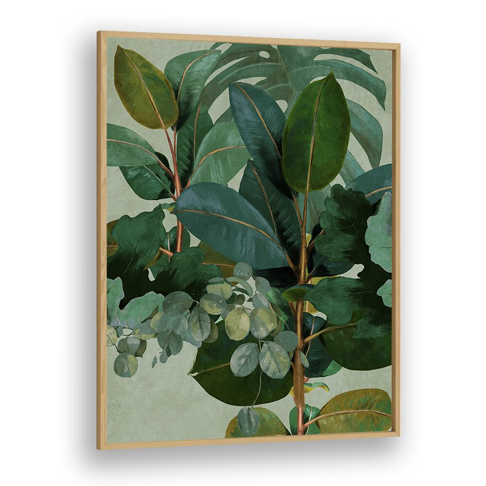 Botanical art print "LEAVES MORE IX - KOPIE, FLORAL FLOWER PAINTINGS" showcasing lush green foliage in a frame.
