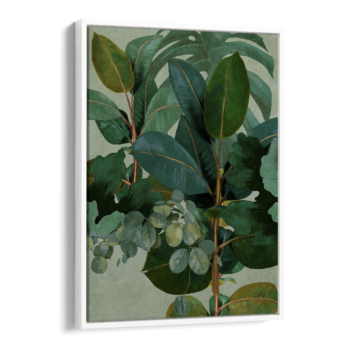Botanical art print "LEAVES MORE IX - KOPIE, FLORAL FLOWER PAINTINGS" showcases lush greenery in a white floater frame.