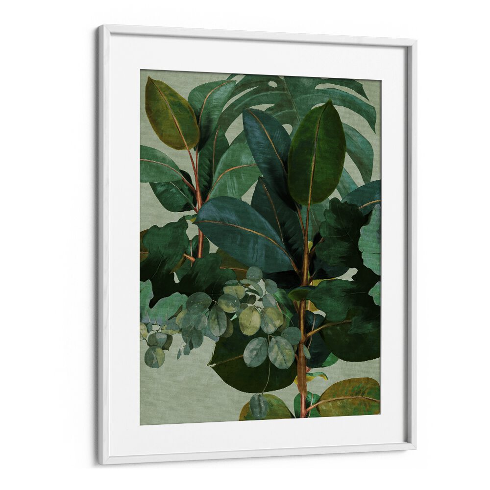 Botanical art print "LEAVES MORE IX - KOPIE, FLORAL FLOWER PAINTINGS" in a stylish white frame, enhancing your decor.