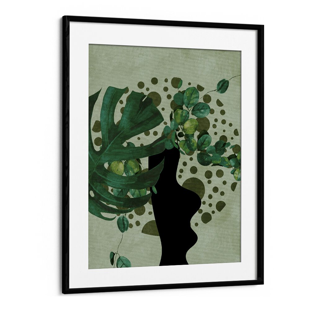Elegant "LEAVES MORE V - KOPIE, FLORAL FLOWER PAINTINGS" by Ana Rut Bre, showcasing vibrant botanical art in a black frame.