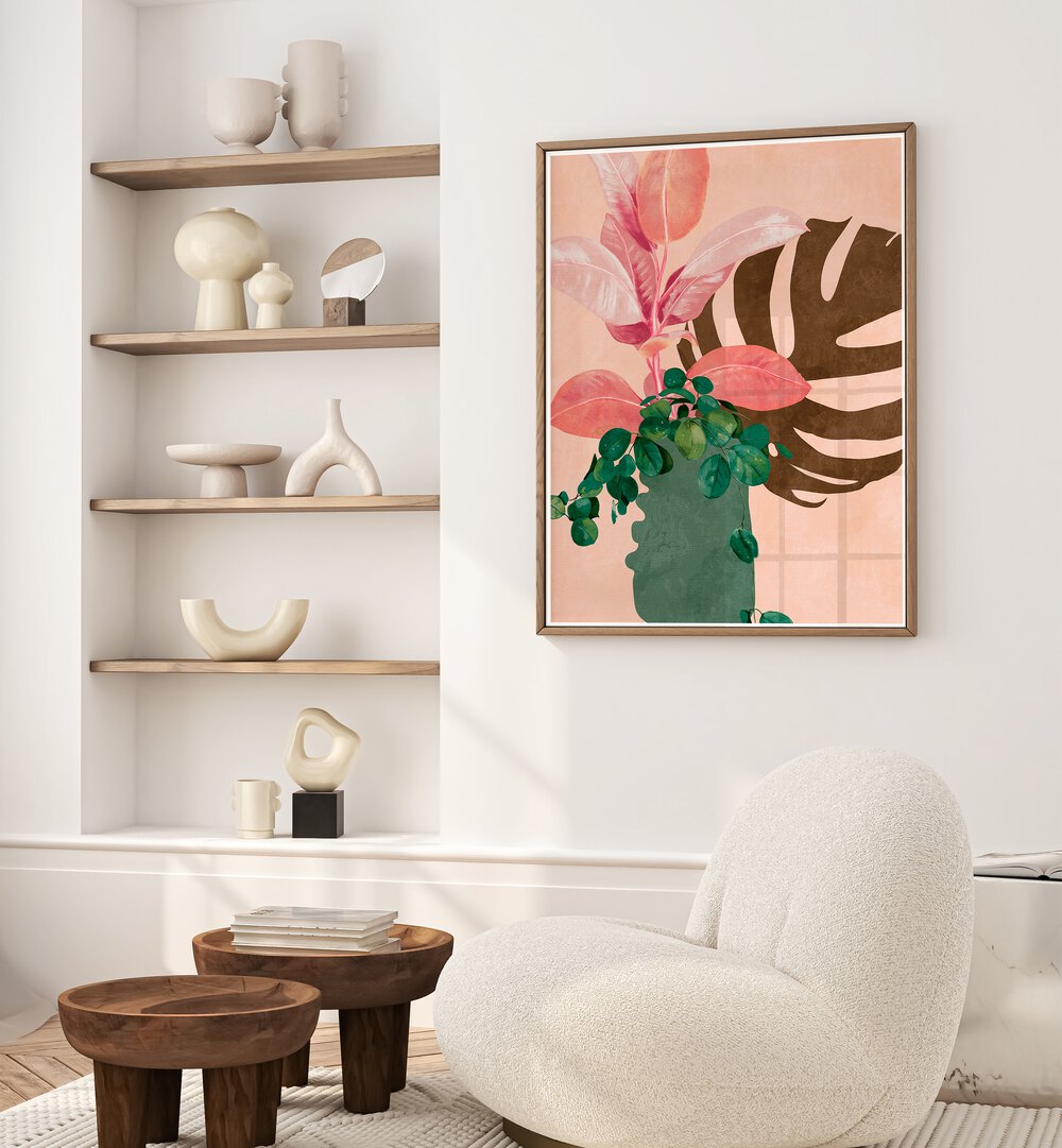 Beautiful interior featuring "LEAVES MORE VI - PINK, FLORAL FLOWER PAINTINGS" by Ana Rut Bre, adding elegance to the decor.