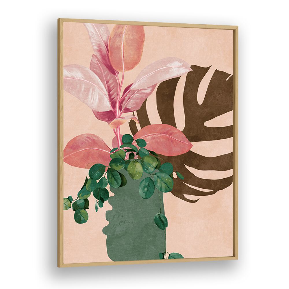 Botanical art featuring vibrant pink leaves and flowers, "LEAVES MORE VI - PINK, FLORAL FLOWER PAINTINGS" by Ana Rut Bre.