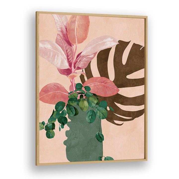 Botanical art featuring vibrant pink leaves and flowers, "LEAVES MORE VI - PINK, FLORAL FLOWER PAINTINGS" by Ana Rut Bre.