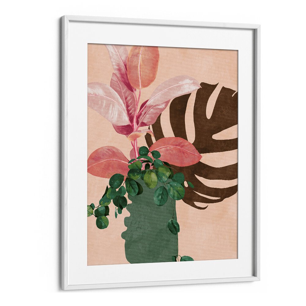 Elegant LEAVES MORE VI - PINK, FLORAL FLOWER PAINTINGS by Ana Rut Bre, showcasing vibrant botanical art in a white frame.