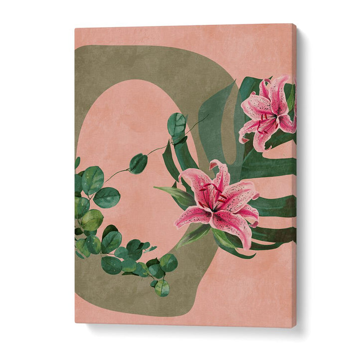 Bright pink lilies and green leaves create a vibrant look in LEAVES MORE XI - KOPIE, FLORAL FLOWER PAINTINGS by Ana Rut Bre.