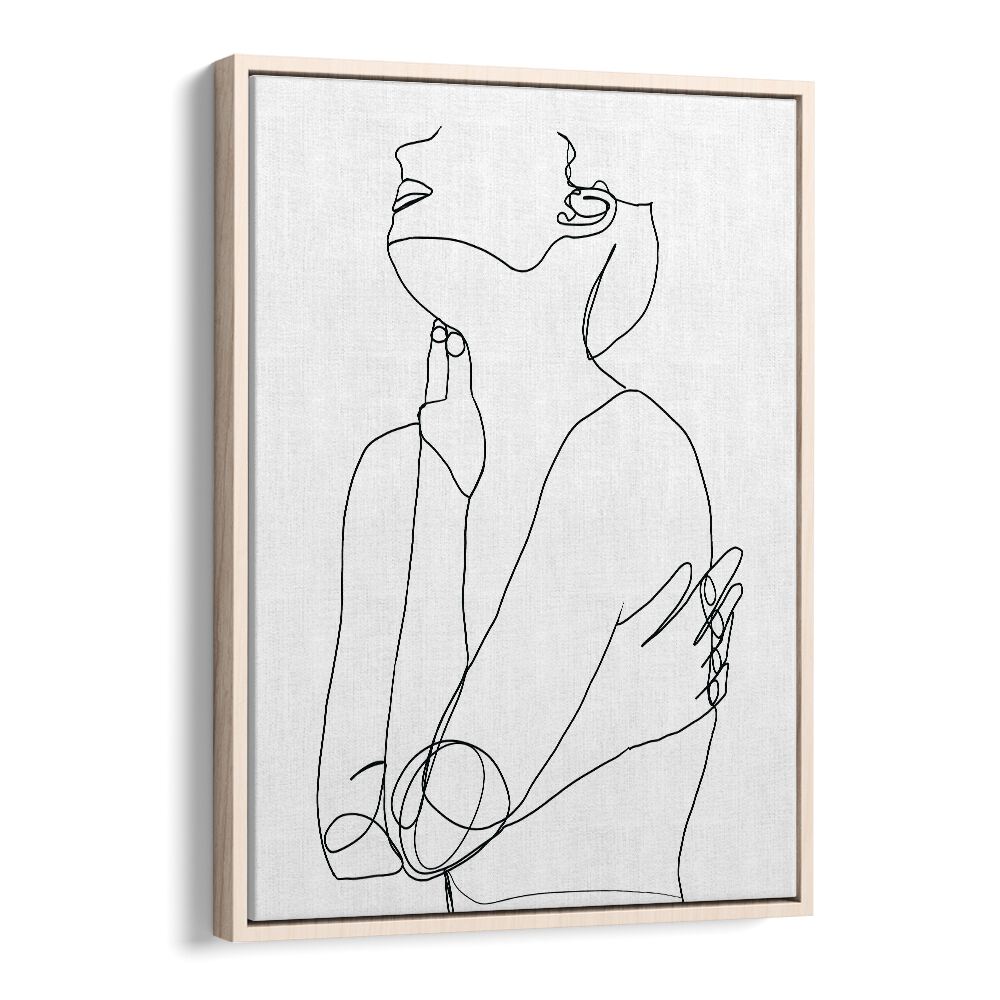 Elegant LINE DRAWING OF WOMAN III, a stunning line art painting by Sharyn Burs in an oak wood floater frame.