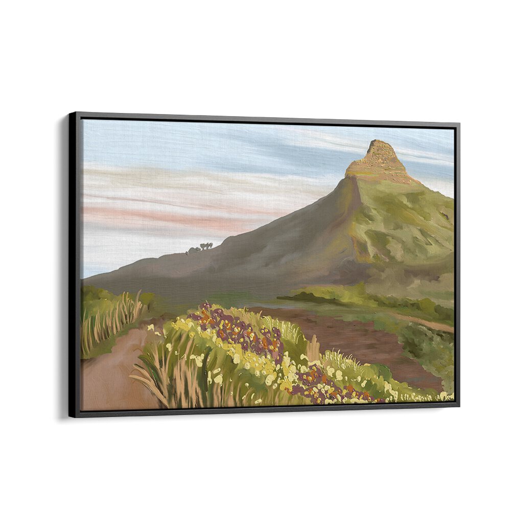 LIONS HEAD, LANDSCAPE PAINTINGS in a black floater frame, showcasing stunning natural beauty for your decor.