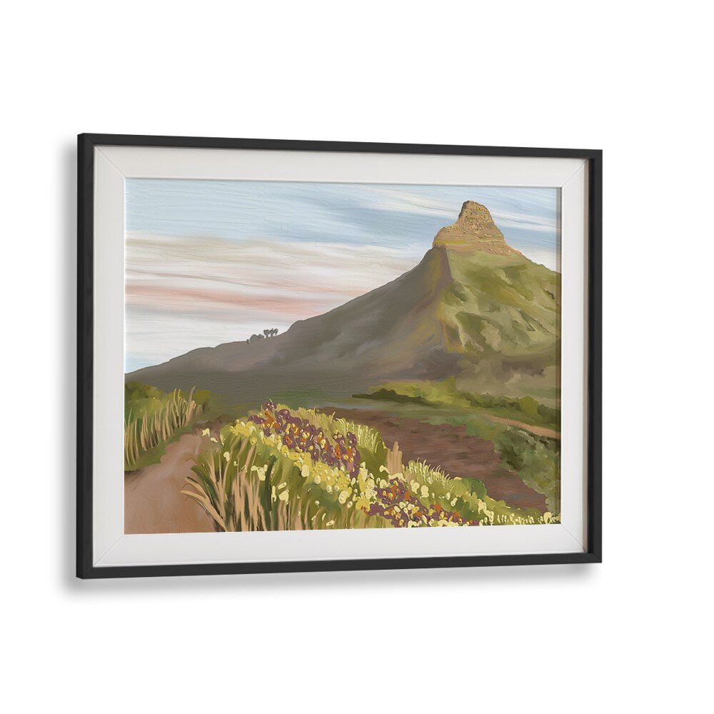 LIONS HEAD, LANDSCAPE PAINTINGS in a sleek black frame, showcasing nature's beauty for your living space.