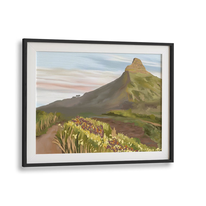LIONS HEAD, LANDSCAPE PAINTINGS in a sleek black frame, showcasing nature's beauty for your living space.