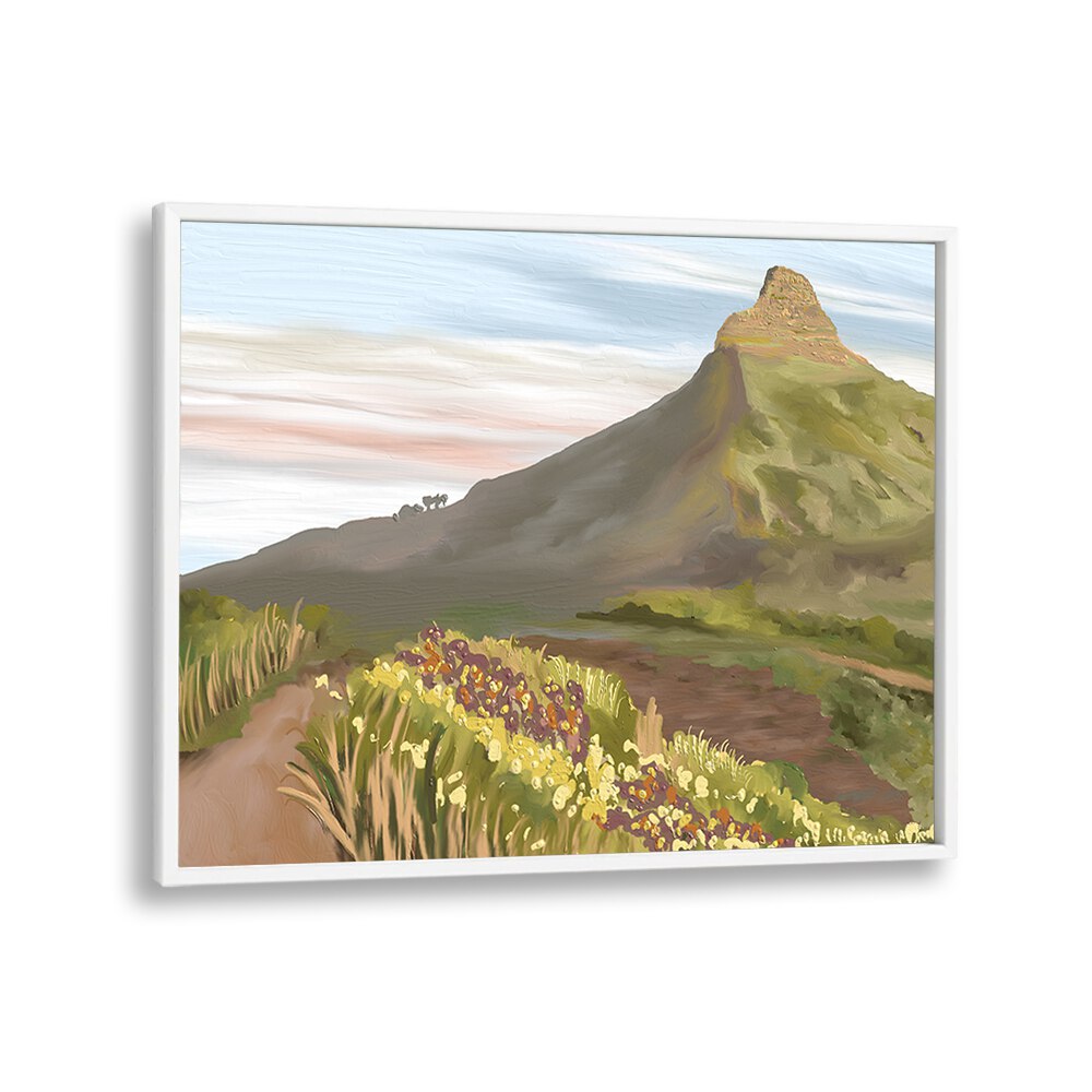 Stunning LIONS HEAD, LANDSCAPE PAINTINGS in a white frame, perfect for transforming your living space with nature's beauty.