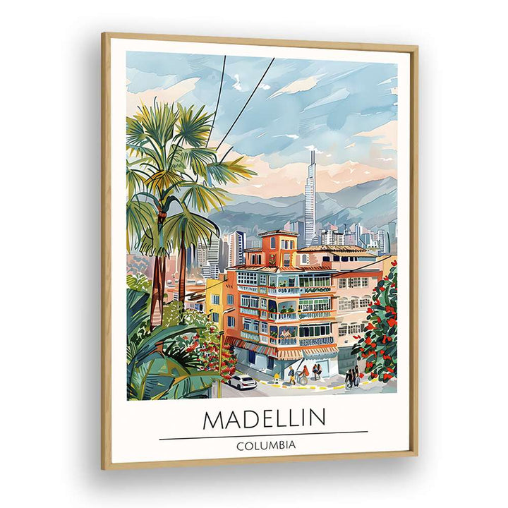 madellin-columbia travel posters in Oak Wood Plain Frame