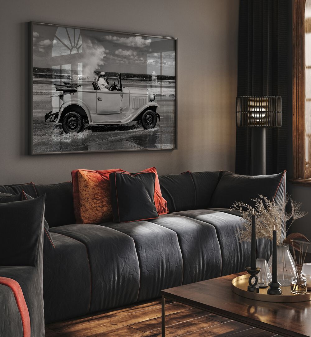 Elegant MALECON, PHOTOGRAPHY PRINTS showcasing a vintage car in a stylish living room setting. Perfect for art lovers.