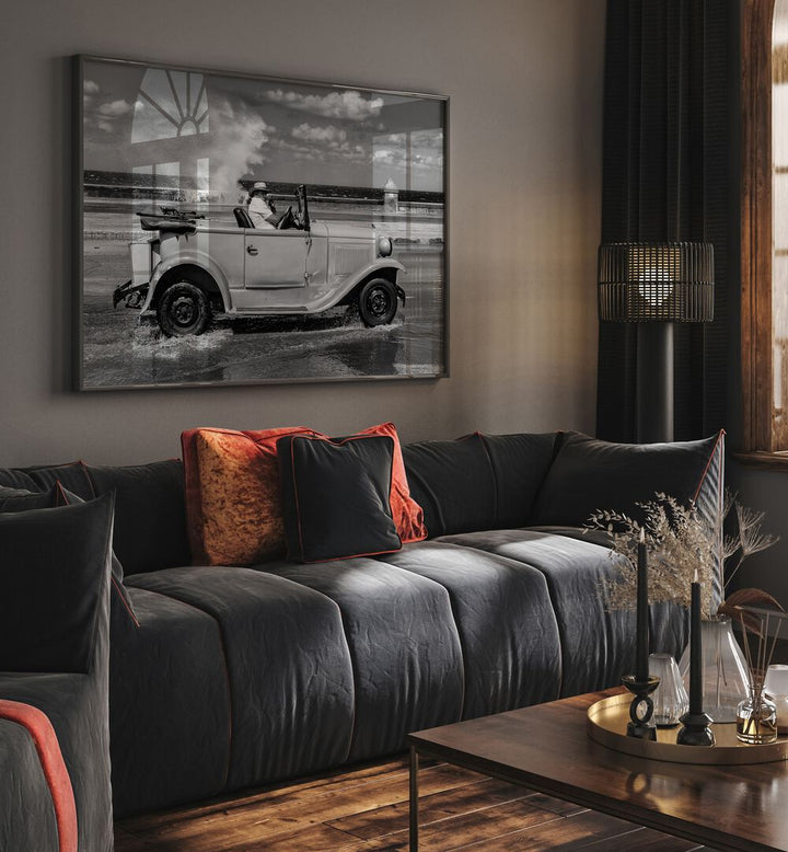 Elegant MALECON, PHOTOGRAPHY PRINTS showcasing a vintage car in a stylish living room setting. Perfect for art lovers.