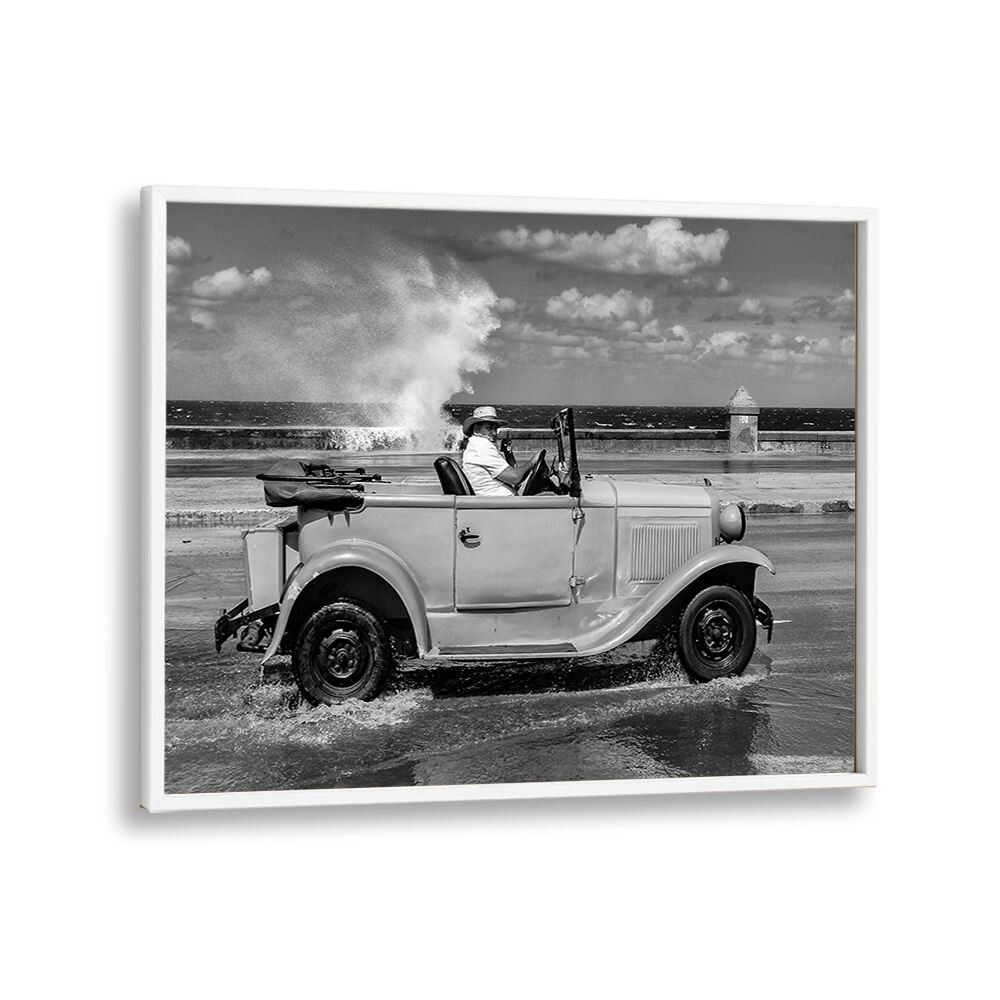 Classic car splashes through waves in vibrant Malecon, capturing urban life in stunning MALECON, PHOTOGRAPHY PRINTS.