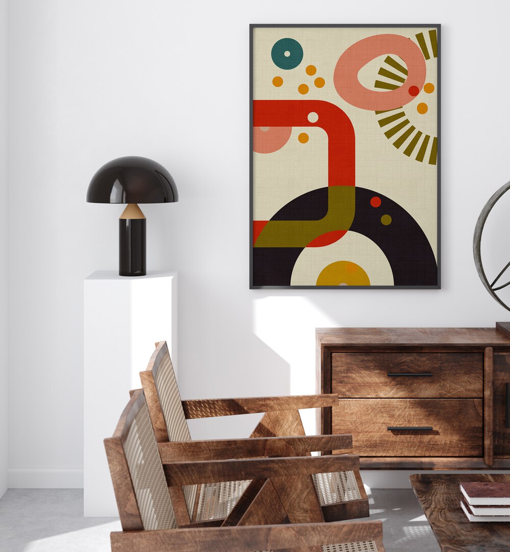 Mid Century Cirque III, abstract paintings by Ana Rut Bre, enhances modern decor with vibrant shapes and colors.