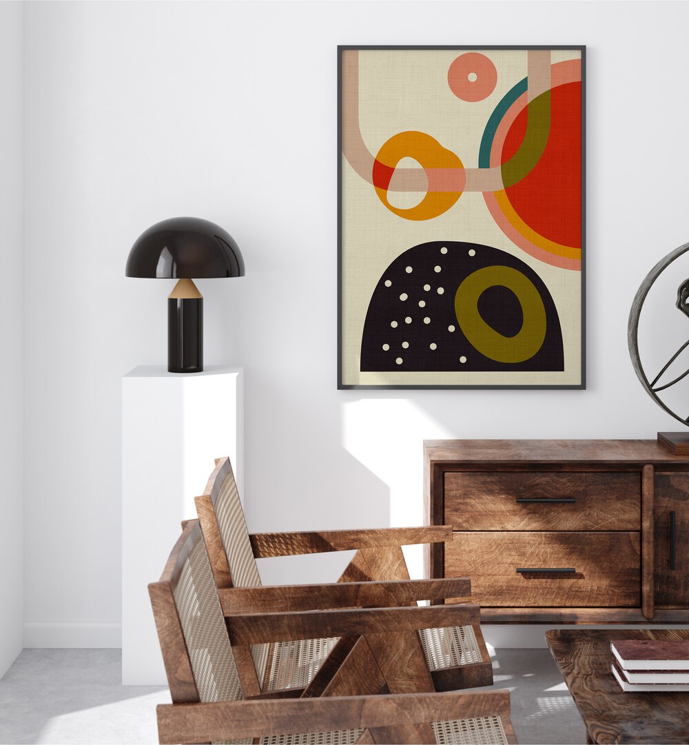 Vibrant MID CENTURY CIRQUE IV KOPIE, ABSTRACT PAINTINGS by Ana Rut Bre enhances modern interiors with elegance.