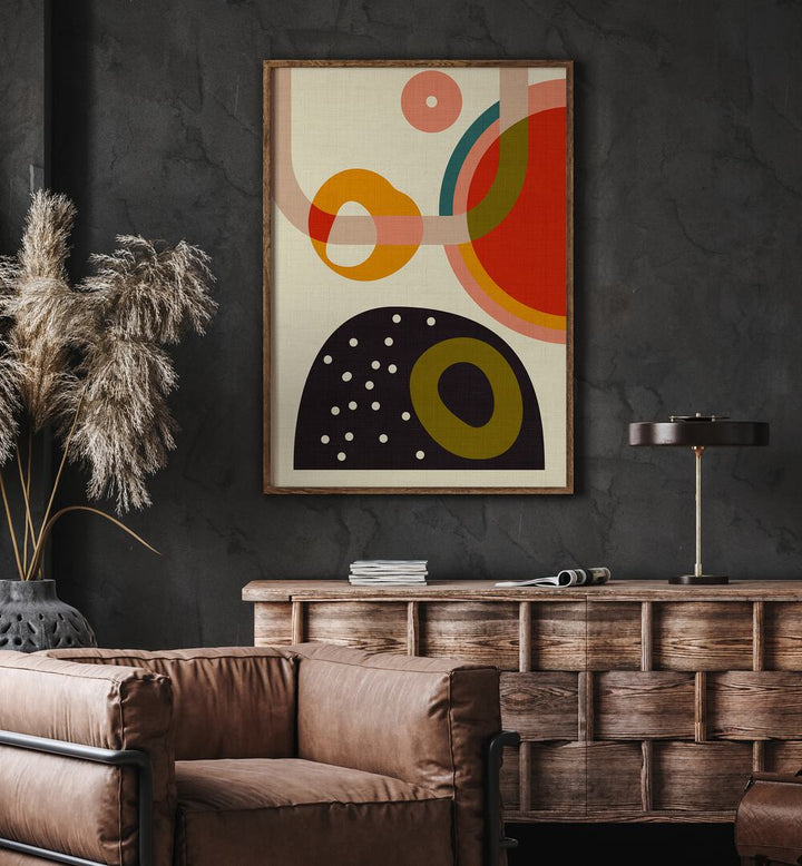Stylish interior featuring MID CENTURY CIRQUE IV KOPIE, ABSTRACT PAINTINGS by Ana Rut Bre, adding vibrancy to the space.