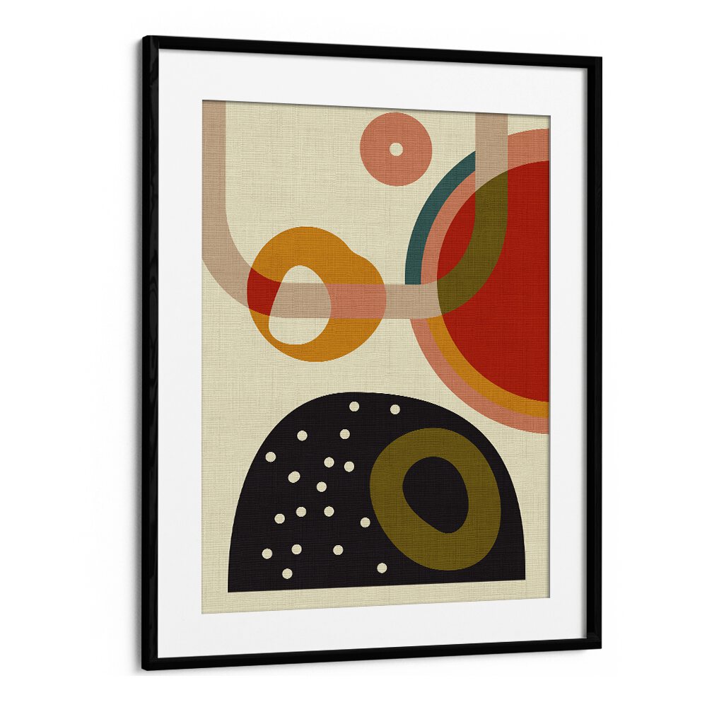 Mid Century Cirque IV Kopie, abstract paintings by Ana Rut Bre, showcase vibrant shapes in a sleek black frame.