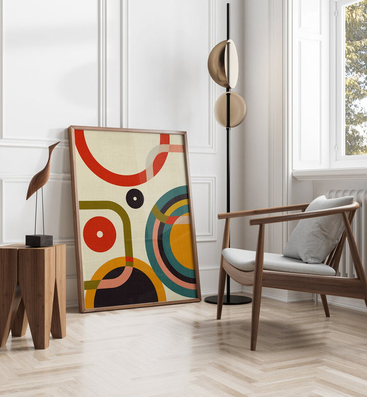 Stylish MID CENTURY CIRQUE, ABSTRACT PAINTINGS in a modern setting, showcasing vibrant colors and elegant design.
