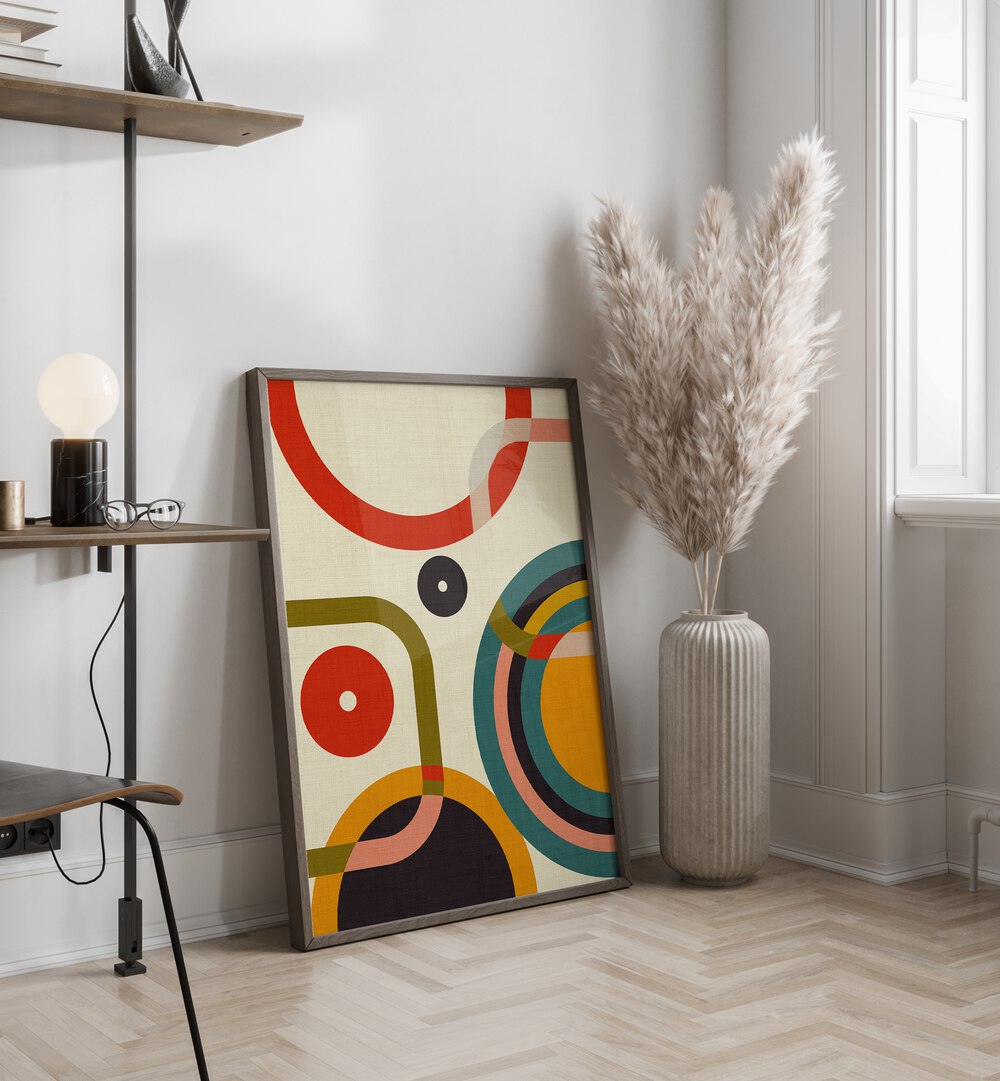 Colorful geometric shapes in the MID CENTURY CIRQUE, ABSTRACT PAINTINGS by Ana Rut Bre, showcasing modern elegance.
