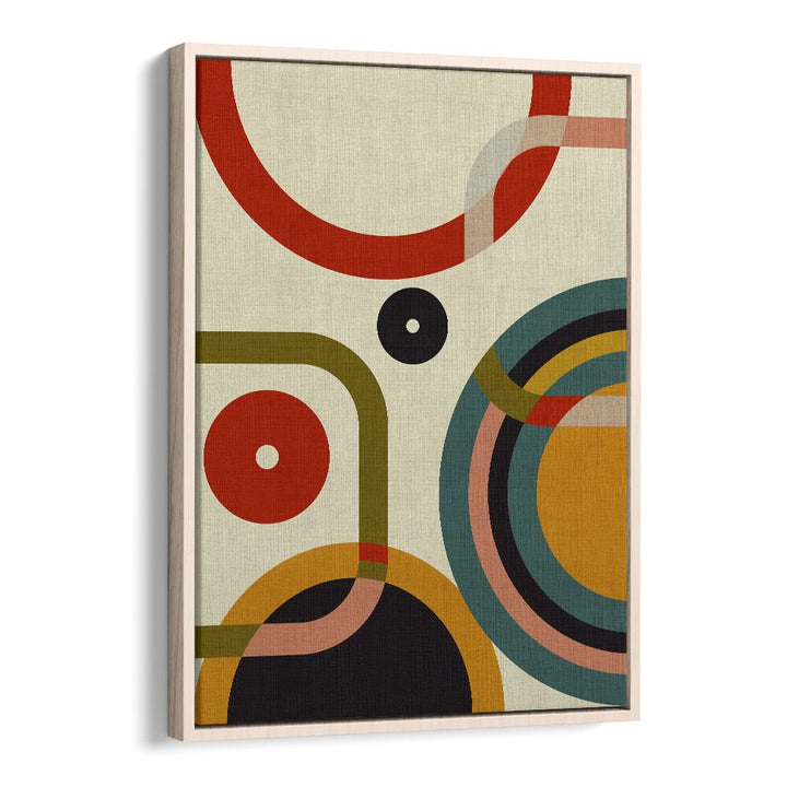 MID CENTURY CIRQUE, ABSTRACT PAINTINGS features vibrant shapes in a stylish oak floater frame, elevating modern decor.