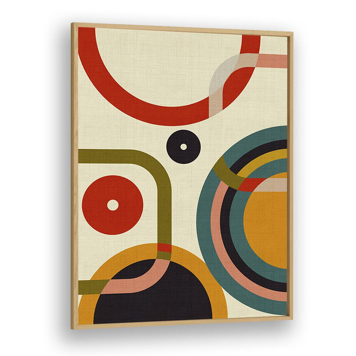 Vibrant MID CENTURY CIRQUE, ABSTRACT PAINTINGS by Ana Rut Bre in an elegant oak frame, perfect for modern decor.