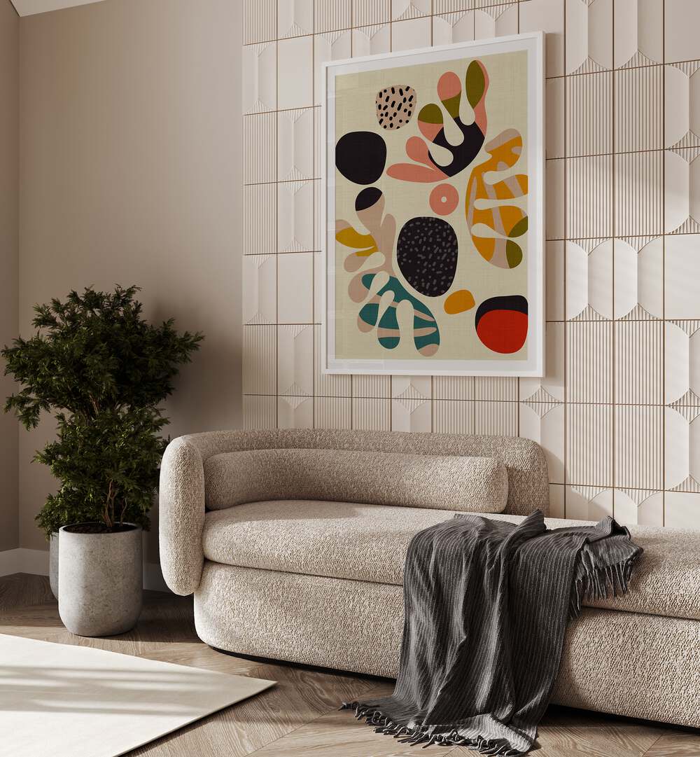 Stylish living room featuring MID CENTURY CUT OUTS II, ABSTRACT PAINTINGS by Ana Rut Bre to enhance modern decor.