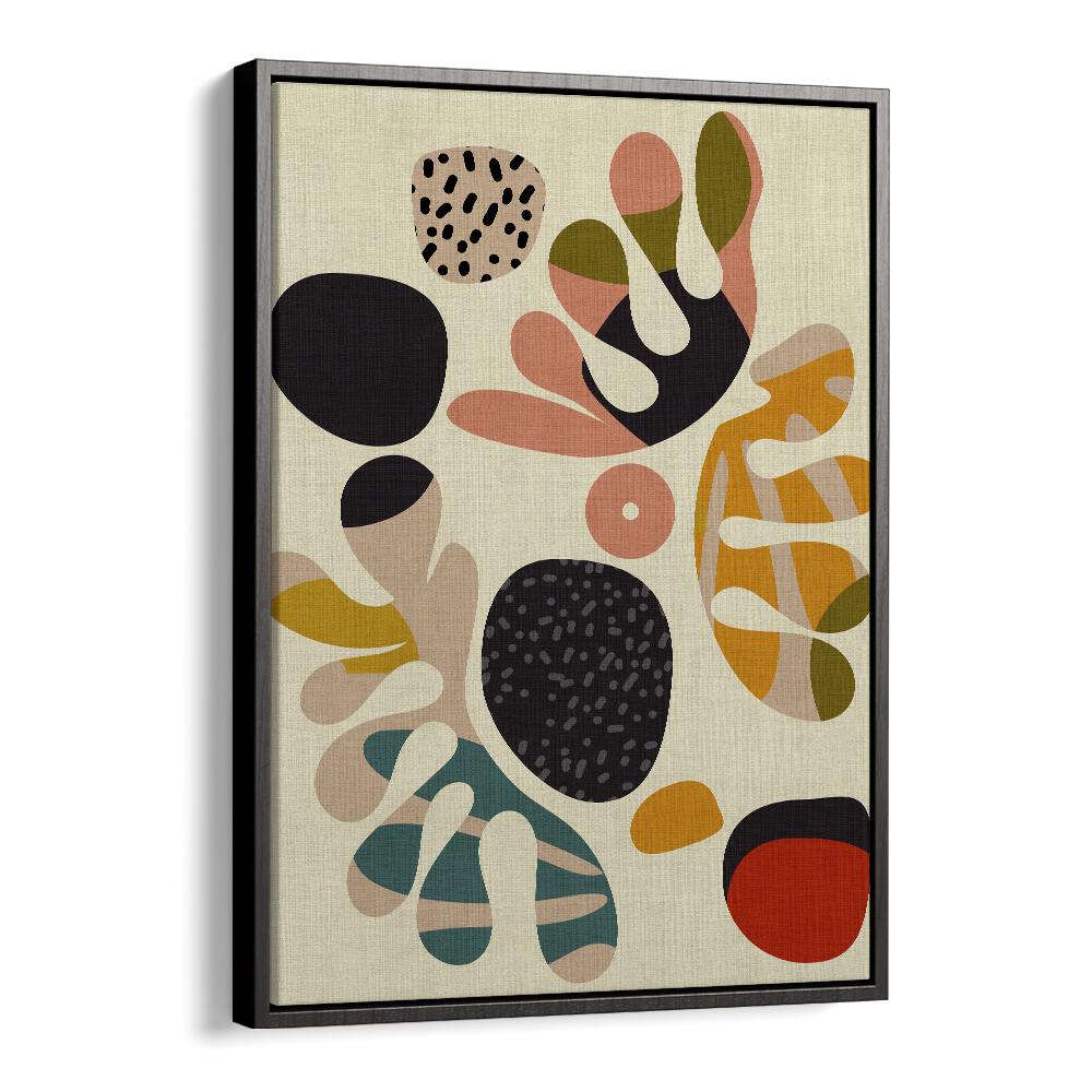Colorful abstract shapes in black floater frame, featuring MID CENTURY CUT OUTS II, ABSTRACT PAINTINGS by Ana Rut Bre.