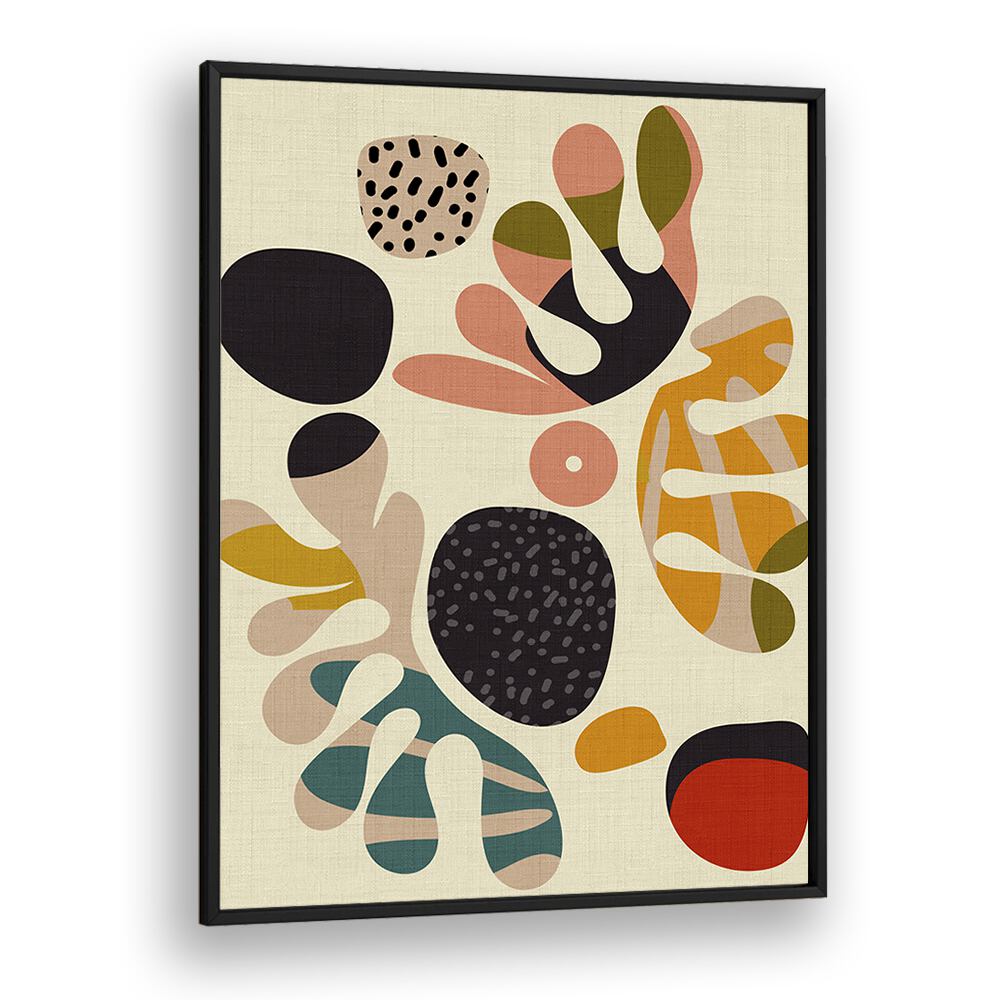Colorful abstract shapes in a black frame, showcasing MID CENTURY CUT OUTS II, ABSTRACT PAINTINGS by Ana Rut Bre.