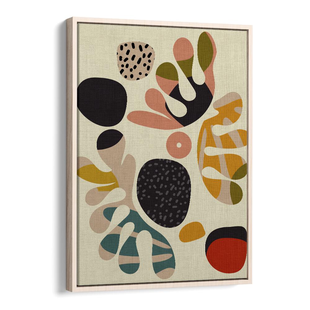 Mid Century Cut Outs II, abstract paintings by Ana Rut Bre, showcase vibrant shapes in an elegant oak floater frame.