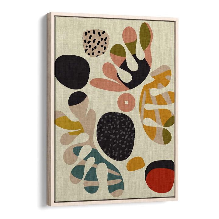 Mid Century Cut Outs II, abstract paintings by Ana Rut Bre, showcase vibrant shapes in an elegant oak floater frame.