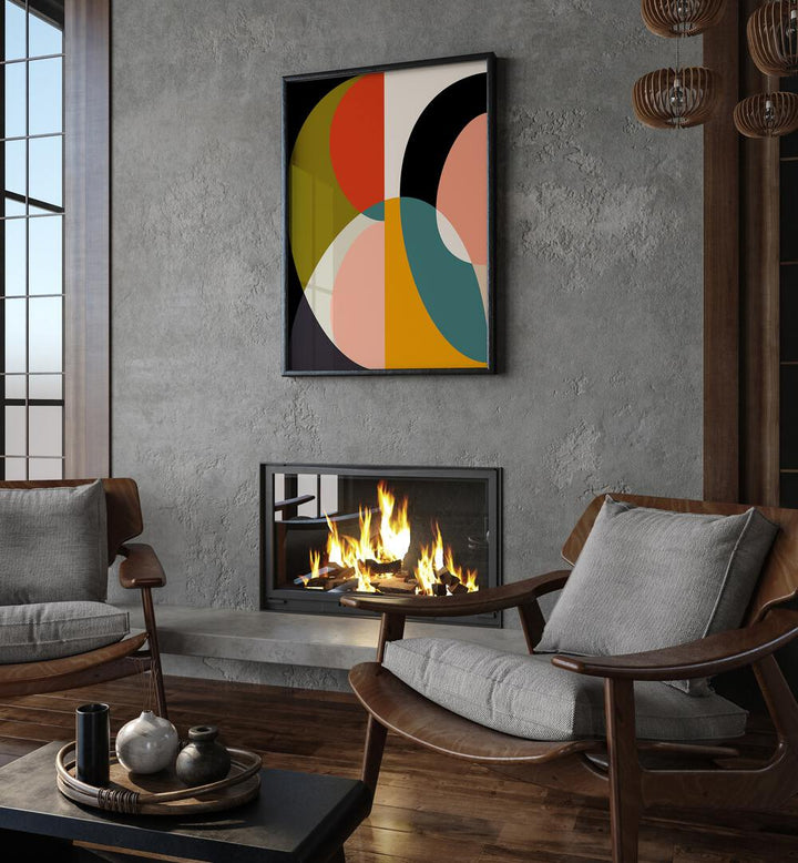 Stylish living room featuring MID CENTURY PASTEL XI, ABSTRACT PAINTINGS by Ana Rut Bre, enhancing modern decor elegance.