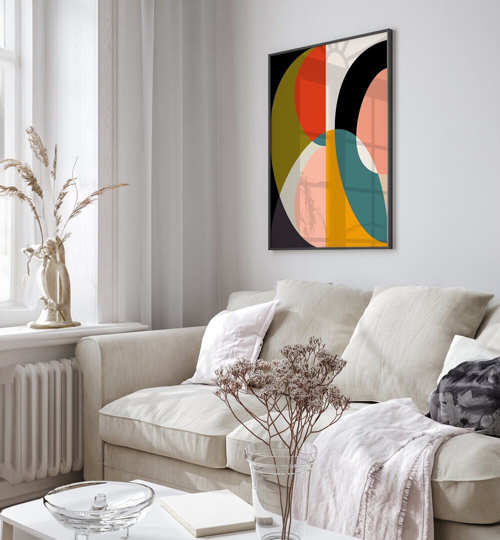 Mid Century Pastel XI, abstract paintings by Ana Rut Bre, showcasing vibrant modern aesthetics in a stylish setting.