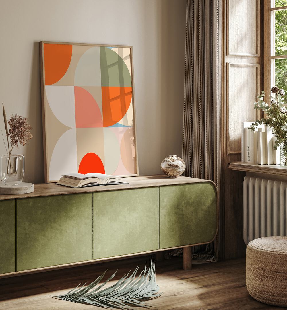 Stylish living room featuring MID CENTURY PASTEL XII, ABSTRACT PAINTINGS by Ana Rut Bre, showcasing vibrant contemporary art.