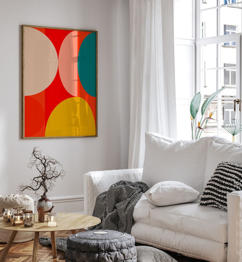 Bright living room featuring MID CENTURY PASTEL XIII, ABSTRACT PAINTINGS by Ana Rut Bre, enhancing modern decor.