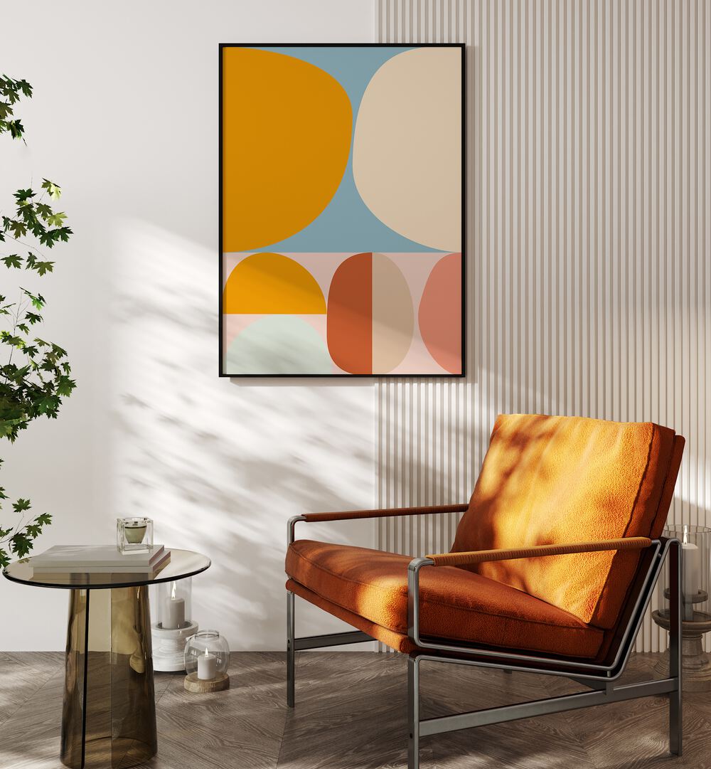 Elevate your decor with MID CENTURY PASTEL XV, ABSTRACT PAINTINGS by Ana Rut Bre, showcasing vibrant shapes and colors.
