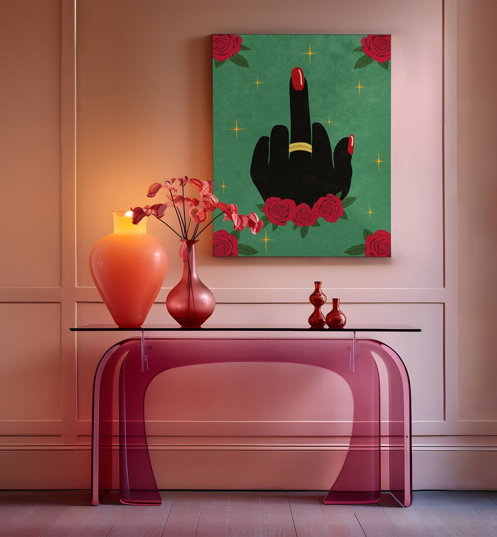 Bold "MIDDLE FINGER, FASHION POSTERS" artwork by Raissa Oltmanns, enhancing modern decor with striking aesthetics.