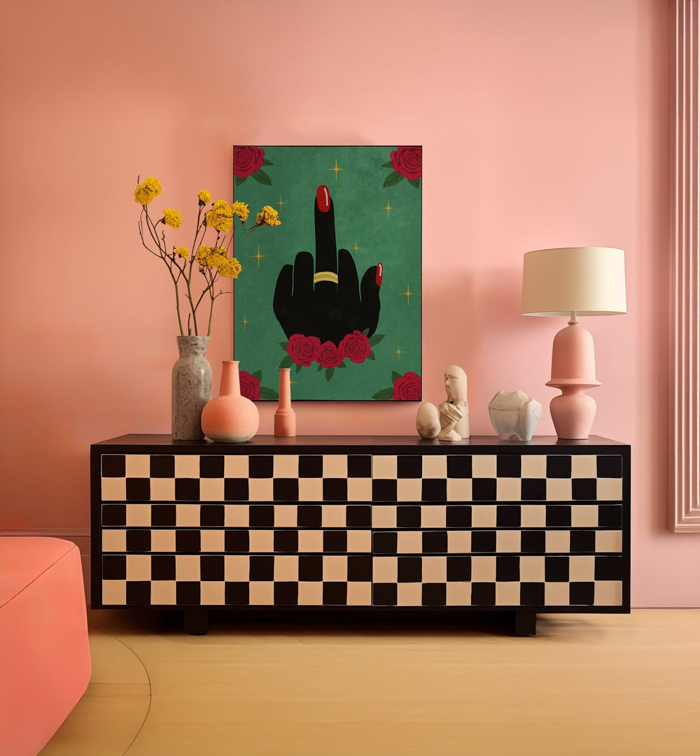 Bold "MIDDLE FINGER , FASHION POSTERS" artwork by Raissa Oltmanns, perfect for modern aesthetics and decor.