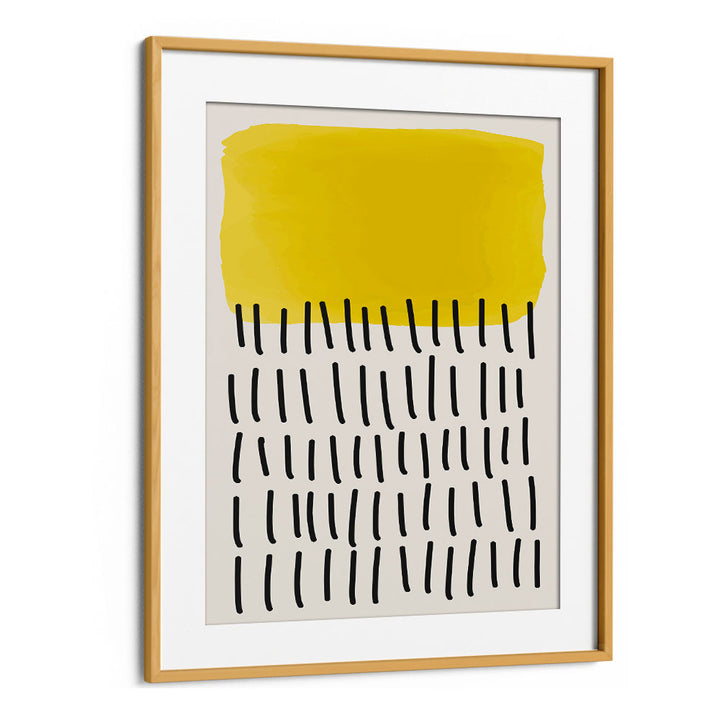 Bright yellow and black geometric design in oak frame, showcasing MINIMAL ABSTRACT SERIES III, BOHO ART PRINTS by Jay Stanley.