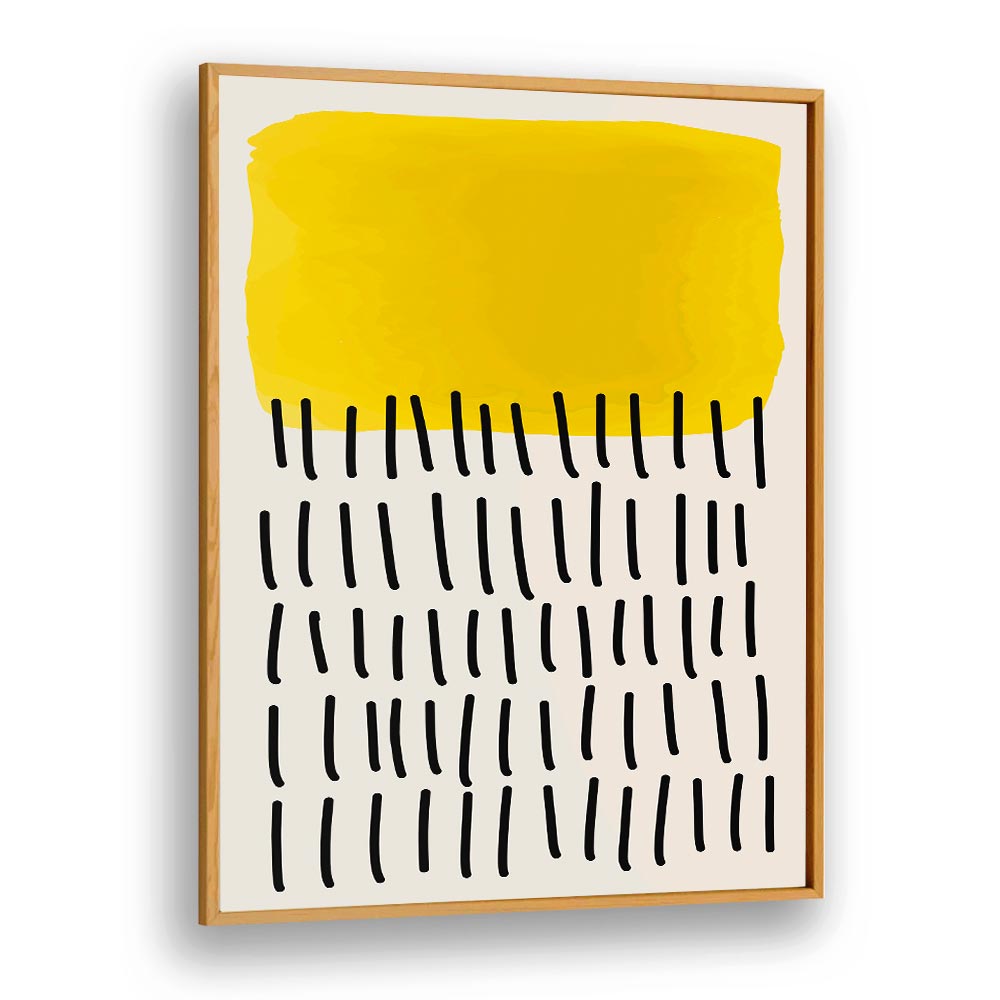 Bright yellow and black geometric design in oak frame, showcasing MINIMAL ABSTRACT SERIES III, BOHO ART PRINTS by Jay Stanley.