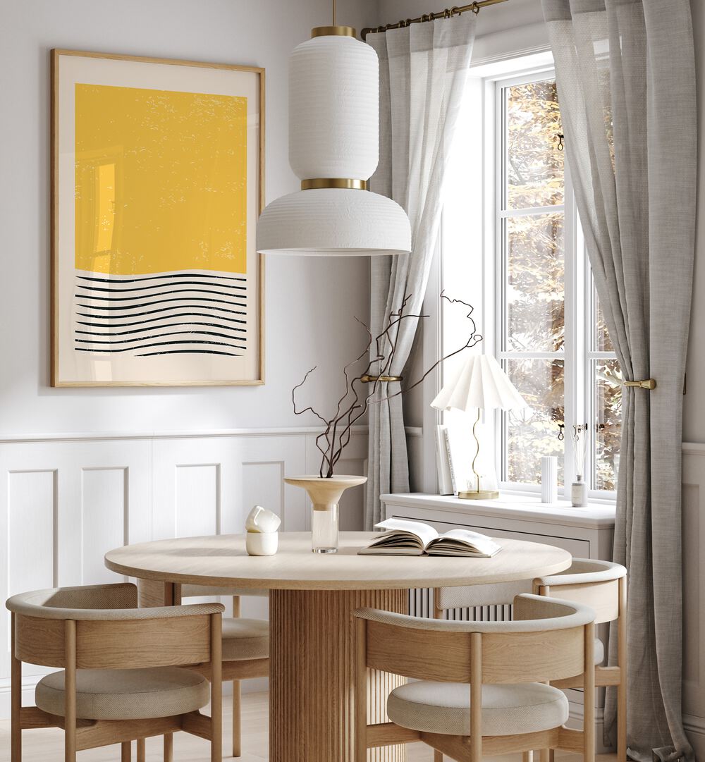 Stylish dining area featuring the MINIMAL ABSTRACT SET I, BOHO ART PRINTS by Jay Stanley for a chic home decor.