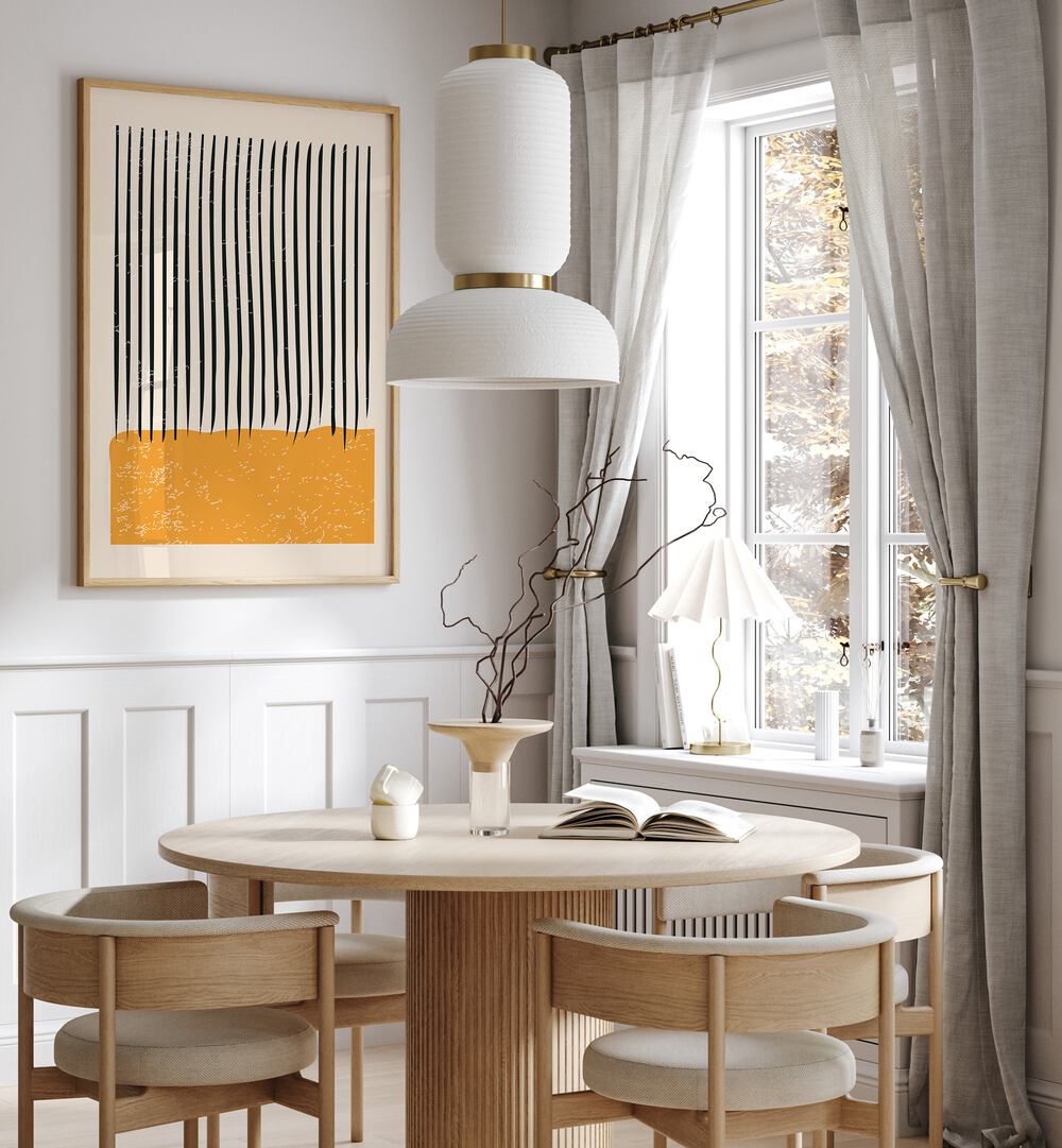 Stylish dining area featuring MINIMAL ABSTRACT SET III, BOHO ART PRINTS by Jay Stanley, enhancing contemporary elegance.