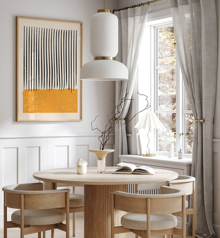 Stylish dining area featuring MINIMAL ABSTRACT SET III, BOHO ART PRINTS by Jay Stanley, enhancing contemporary elegance.