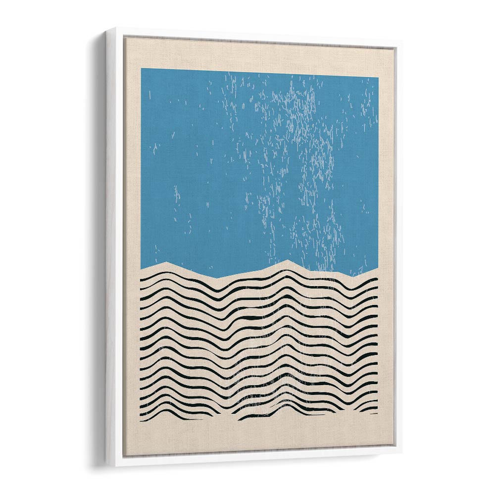 Minimal Shapes Series XXI, abstract art by Jay Stanley, features elegant waves and serene blue tones in a floater frame.